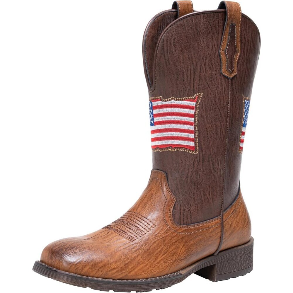 Men's Brown Western Boot Side Zipper American Flag Retro Square Toe Mid-Calf